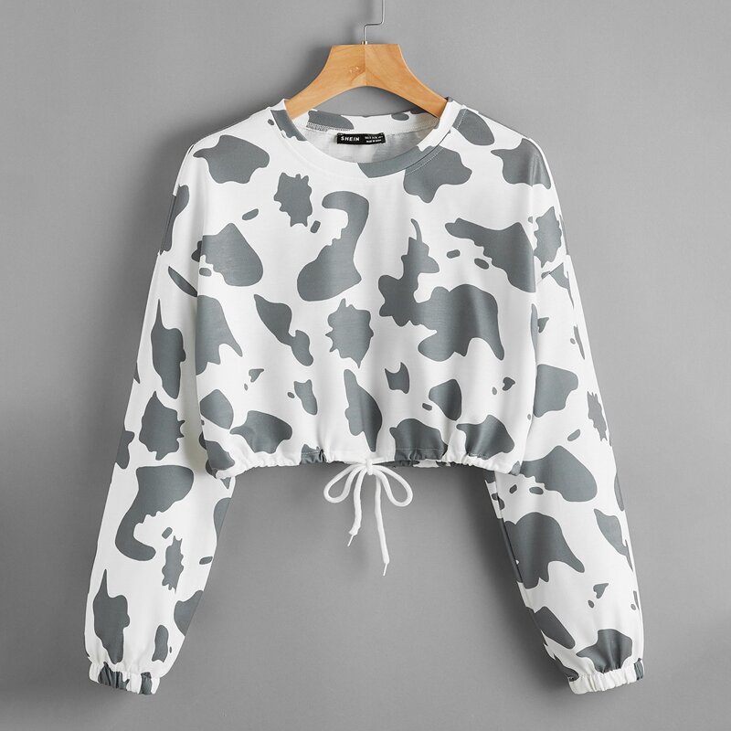 

Cow Print Drawstring Hem Pullover, Multicolor