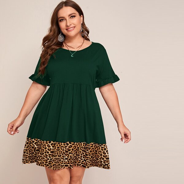 

Plus Leopard Colorblock Flounce Sleeve Dress, Dark green