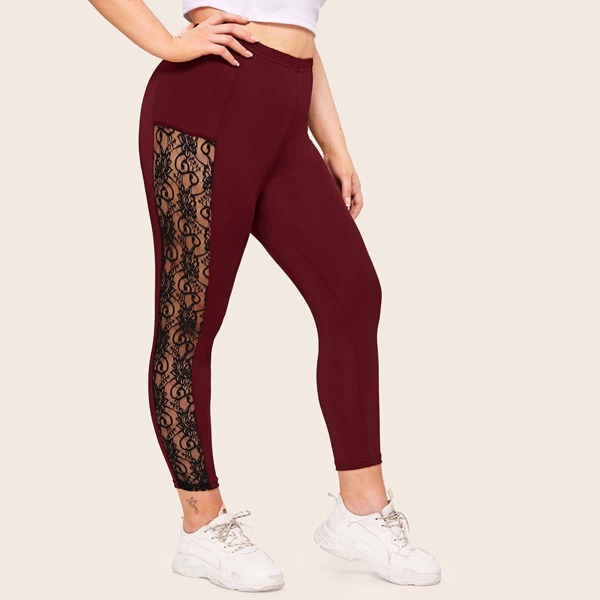 

Plus Side Lace Panel High Waist Leggings, Burgundy