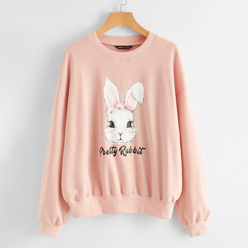 

Letter & Rabbit Print Pullover, Coral pink
