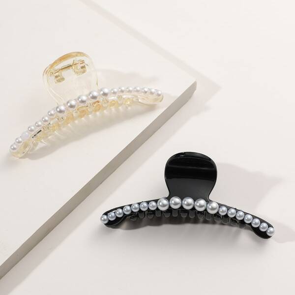 

2pcs Faux Pearl Beaded Hair Claw, Black and white