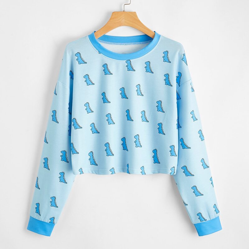 

Cartoon Dinosaur Crop Sweatshirt, Baby blue