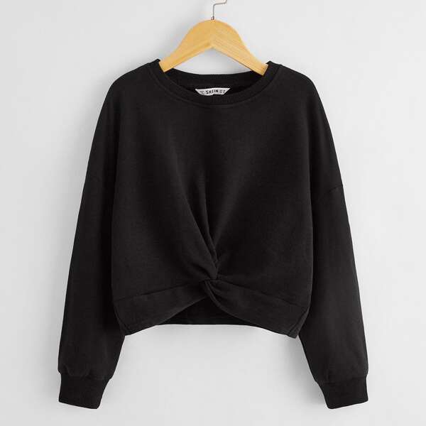 

Girls Drop Shoulder Twist Front Sweatshirt, Black
