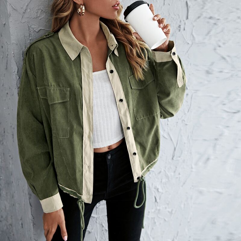 

Double Flap Pocket Drawstring Hem Jacket, Army green