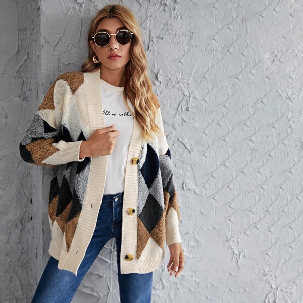 

Colorblock Argyle Pattern Button Front Cardigan, Multicolor