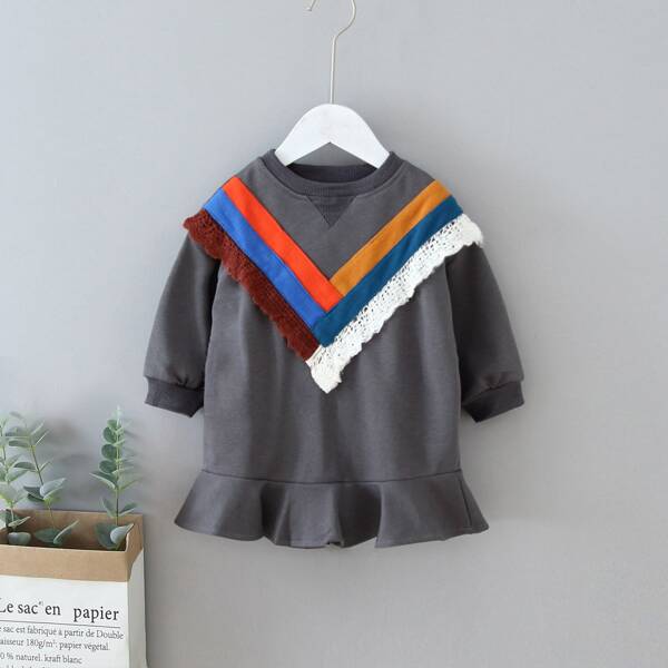 

Toddler Girls Chevron Panel Ruffle Hem Sweatshirt Dress, Dark grey