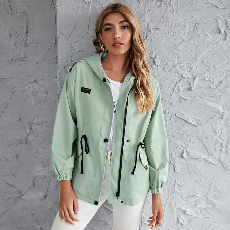 

Drawstring Waist Hooded Parka Coat, Mint green