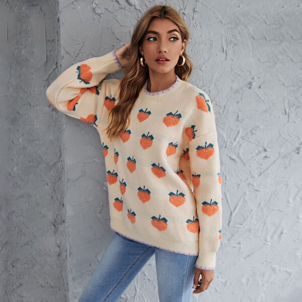 

Drop Shoulder Peach Pattern Sweater, Apricot