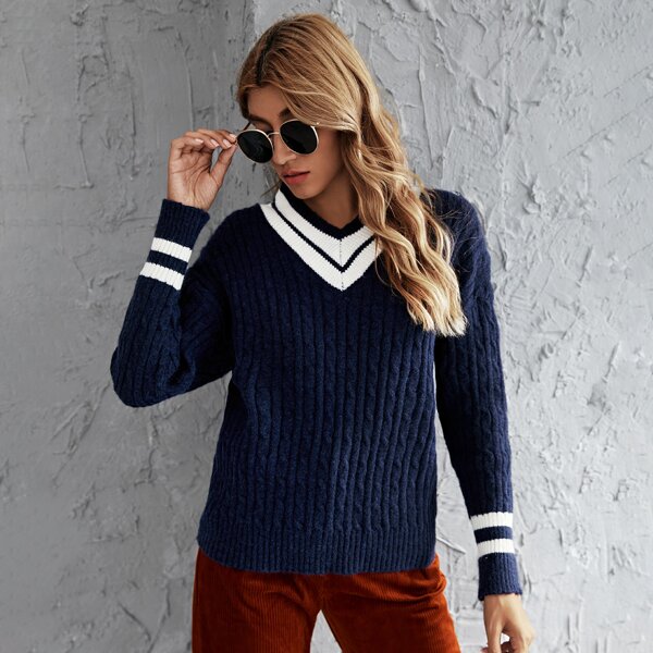

V-neck Stripe Trim Cable Knit Sweater, Navy blue