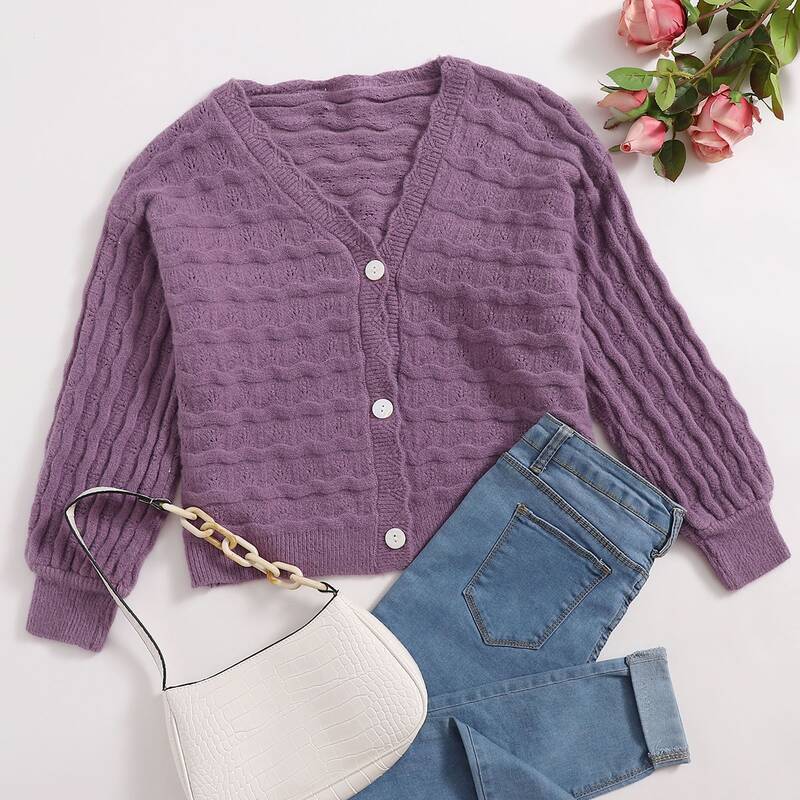 

Solid Scallop Trim Button Front Cardigan, Violet purple