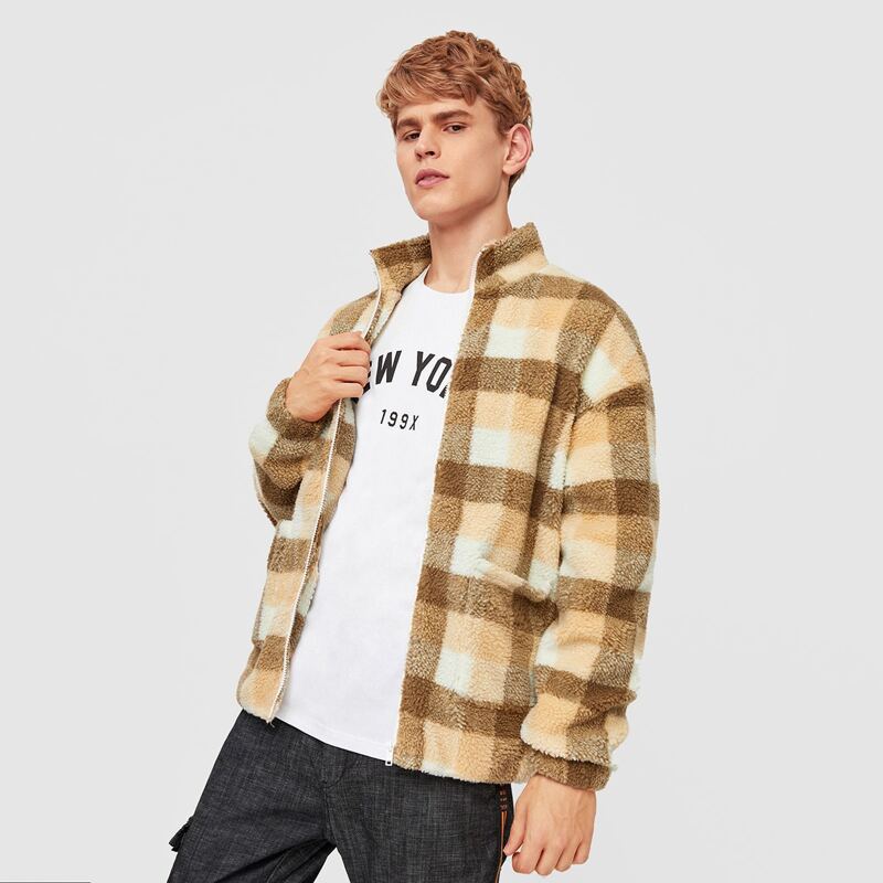 

Guys Plaid Zipper Front Sherpa Jacket, Multicolor