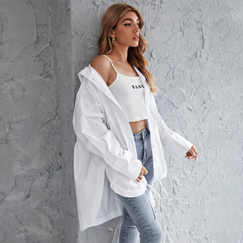 

Pocket Front Drawstring Hem Hooded Coat, White