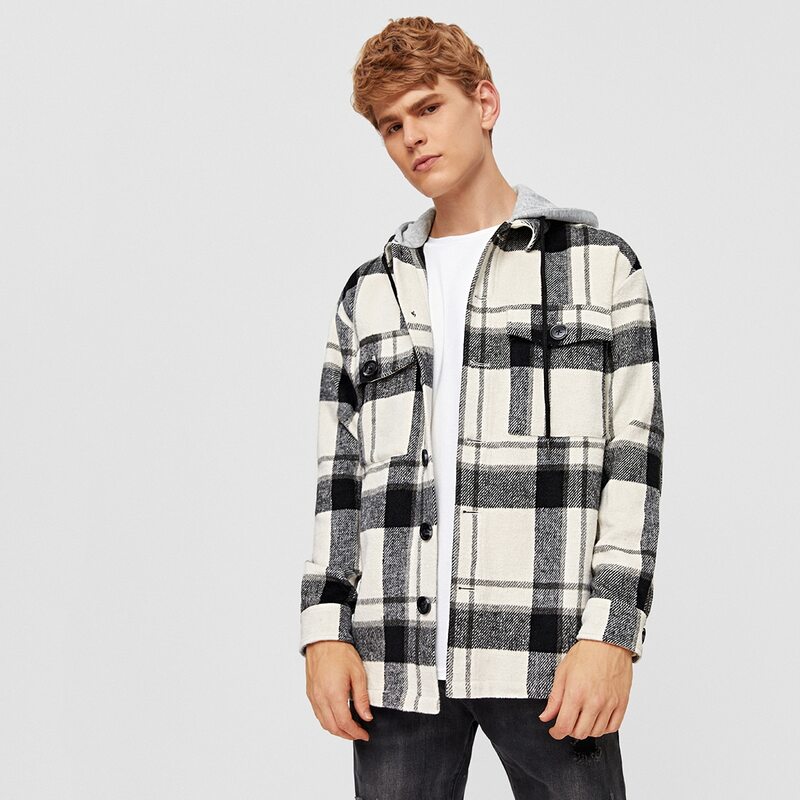 

Guys Plaid Button Front Hooded Jacket, Black and white