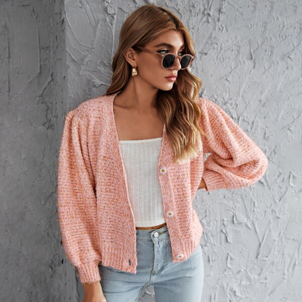 

Bishop Sleeve Button Front Cardigan, Coral pink