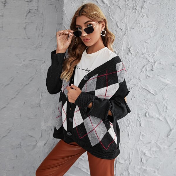

Argyle Pattern Cut Out Button Front Cardigan, Black and white