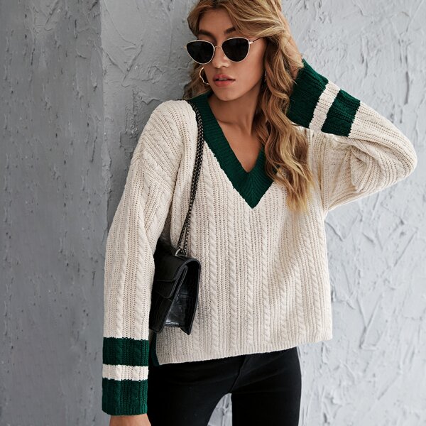 

Cable Knit Contrast Binding Slit Hem Sweater, Beige