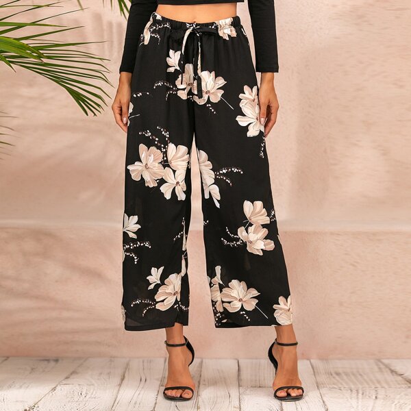 

Floral Print Knot Front Wide Leg Pants, Black