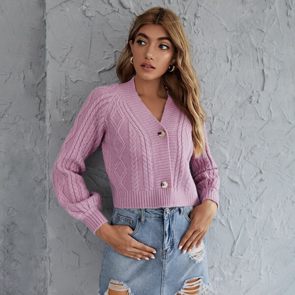 

Raglan Sleeve Cable Knit Cardigan, Lilac purple