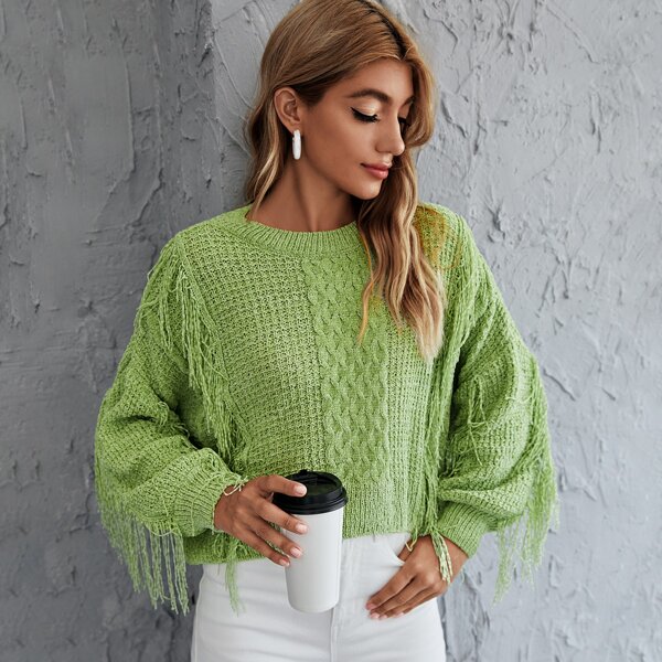 

Cable Knit Fringe Solid Sweater, Lime green