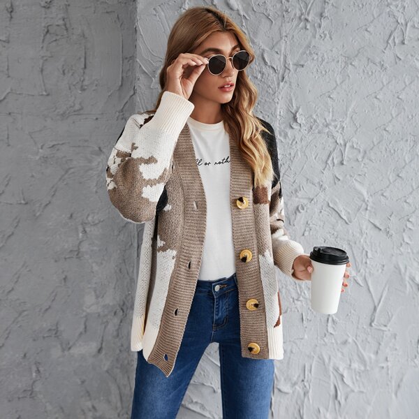 

Color-block Button Front Cardigan, Multicolor