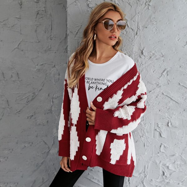 

Argyle Pattern Button Through Cardigan, Red and white