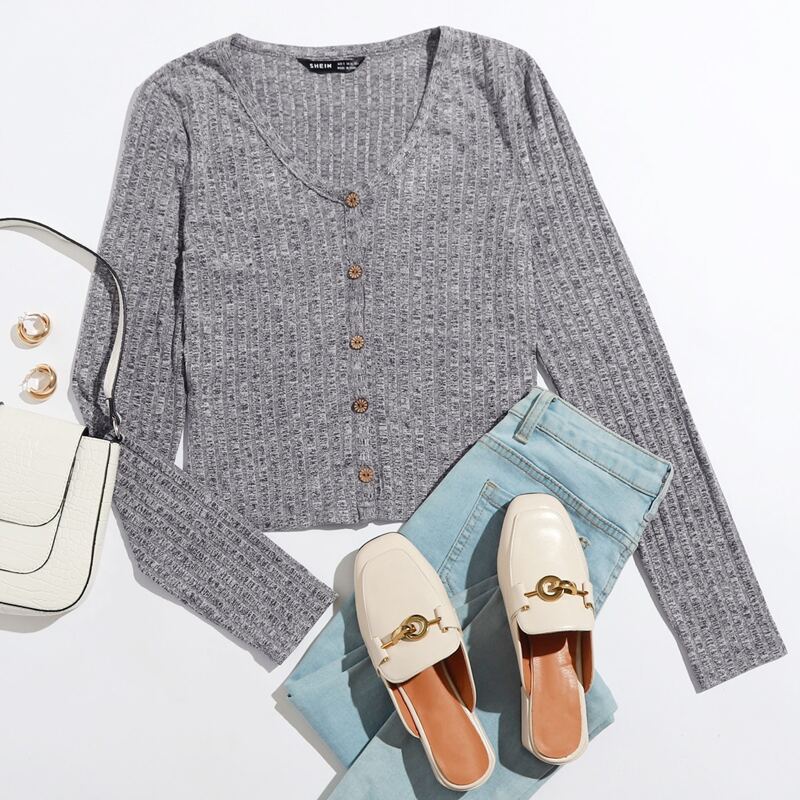 

Button Front Rib-knit Tee, Grey