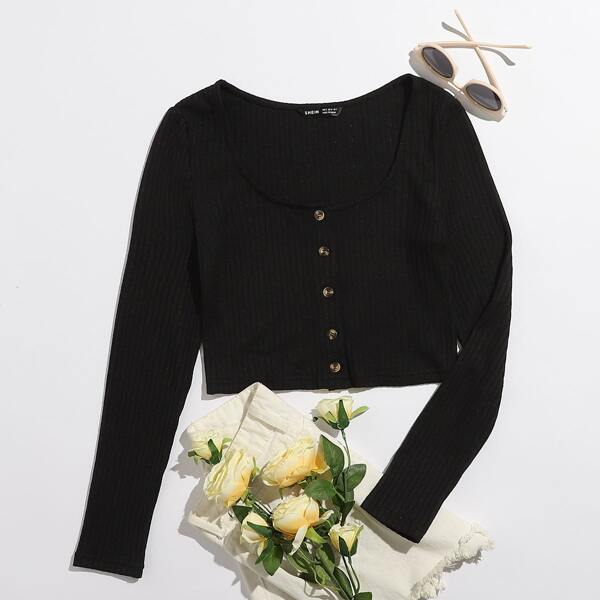 

Button Front Rib-knit Tee, Black