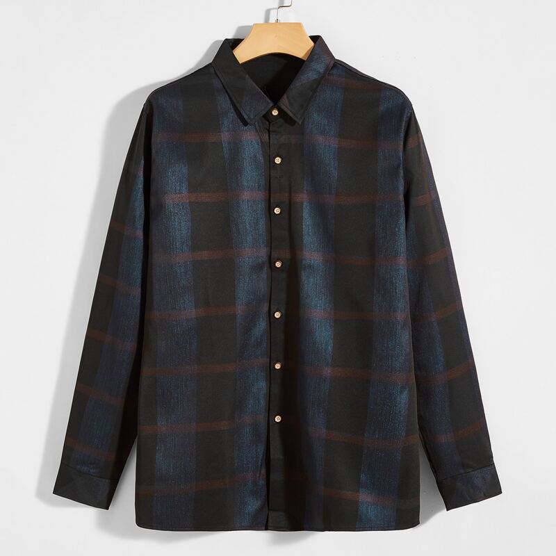 

Guys Plaid Print Button Front Shirt, Black