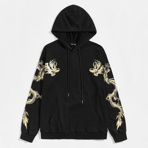 

Men Chinese Dragon Print Pouch Pocket Hoodie, Black