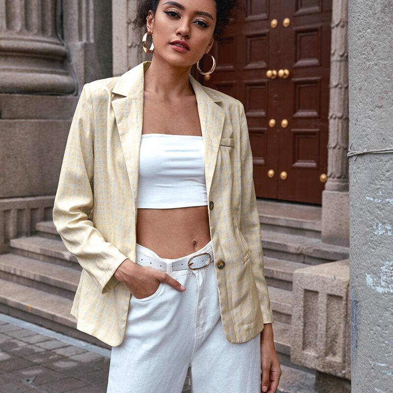 

Plaid Print Single Breasted Blazer, Khaki pastel