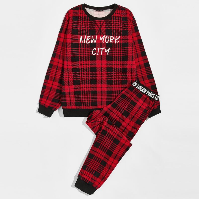 

Guys Letter Graphic Plaid Pullover & Sweatpants PJ Set, Multicolor