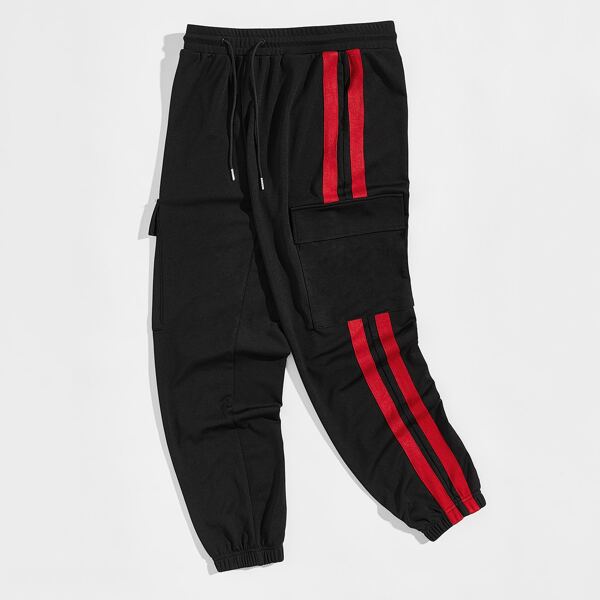 

Men Striped Tape Side Flap Pocket Patched Pants, Black