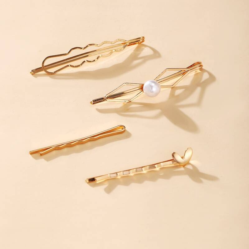 

4pcs Faux Pearl & Heart Hair Clip, Gold