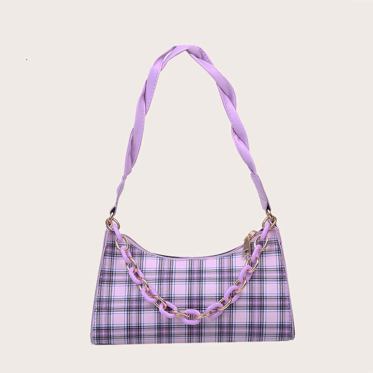 

Tartan Chain Baguette Bag, Purple