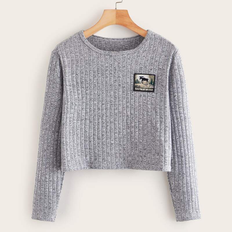 

Animal Print Ribbed Tee, Grey