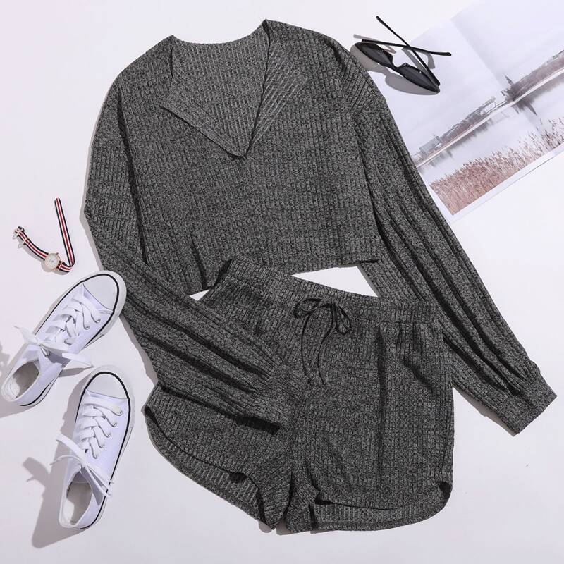 

Collared Rib-knit Top & Shorts Set, Dark grey