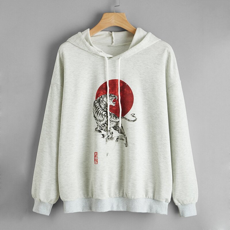 

Tiger Graphic Hooded Oversized Sweatshirt, Light grey