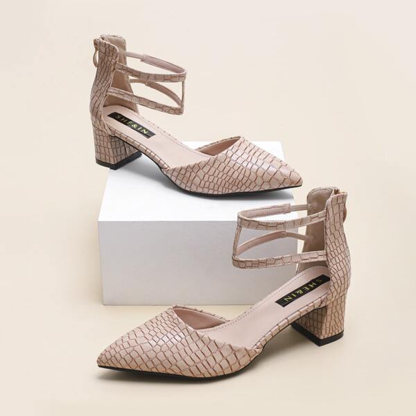 

Point Toe Croc Embossed Ankle Strap Chunky Heels, Apricot