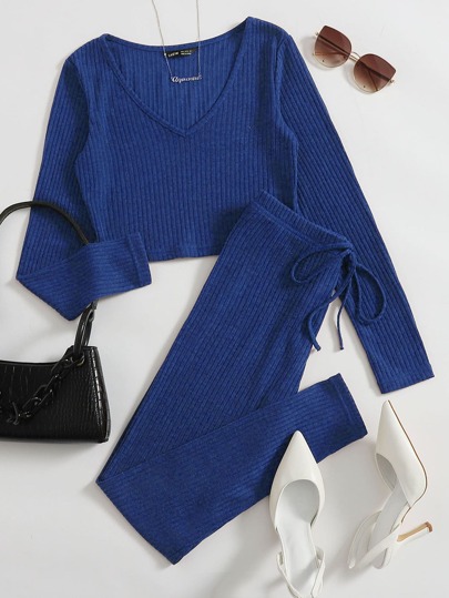 SHEIN Essnce Ribbed V-Neck Tee & Drawstring Leggings Set