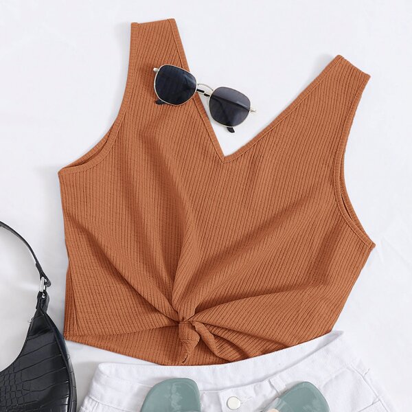 

Rib-knit Solid Tank Top, Rust brown
