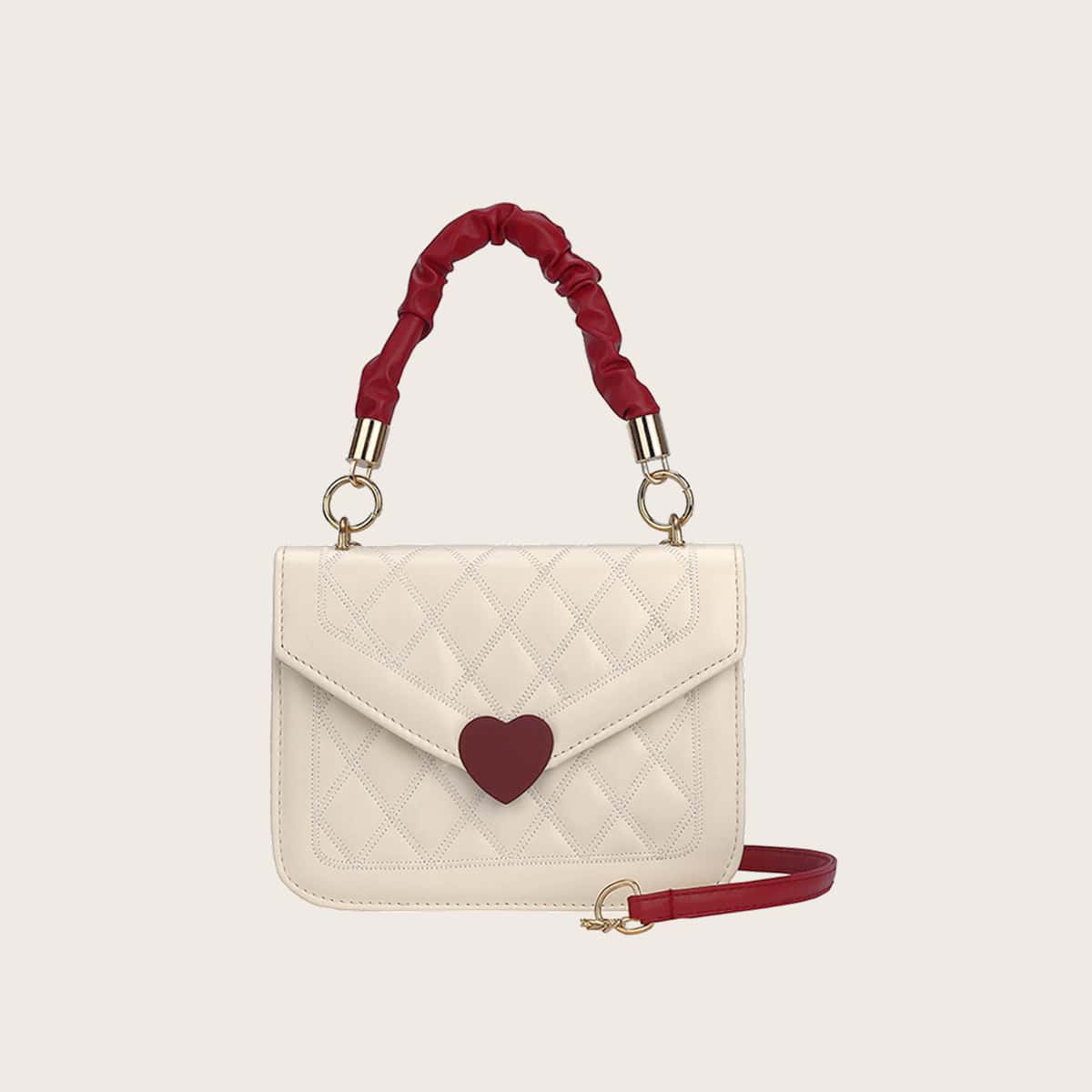 

Colorblock Heart Quilted Satchel Bag, Beige