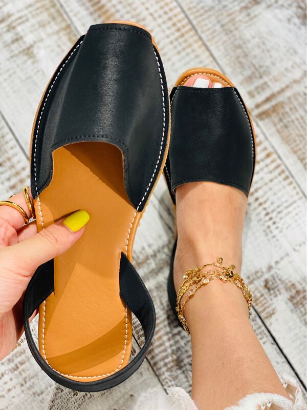 planare Fall/Winter Vacation Black Flats For Women, Stitch Detail Peep-Toe Slingback Flats