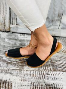 planare Fall/Winter Vacation Black Flats For Women, Stitch Detail Peep-Toe Slingback Flats - Black - View 5