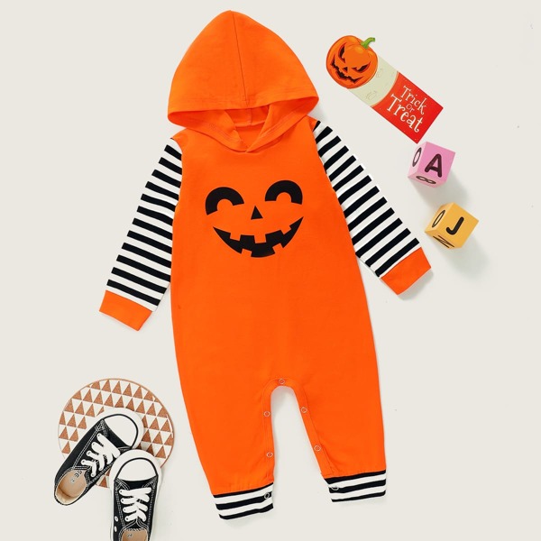 

Baby Boy Cartoon Graphic Striped Hooded Jumpsuit, Orange neon