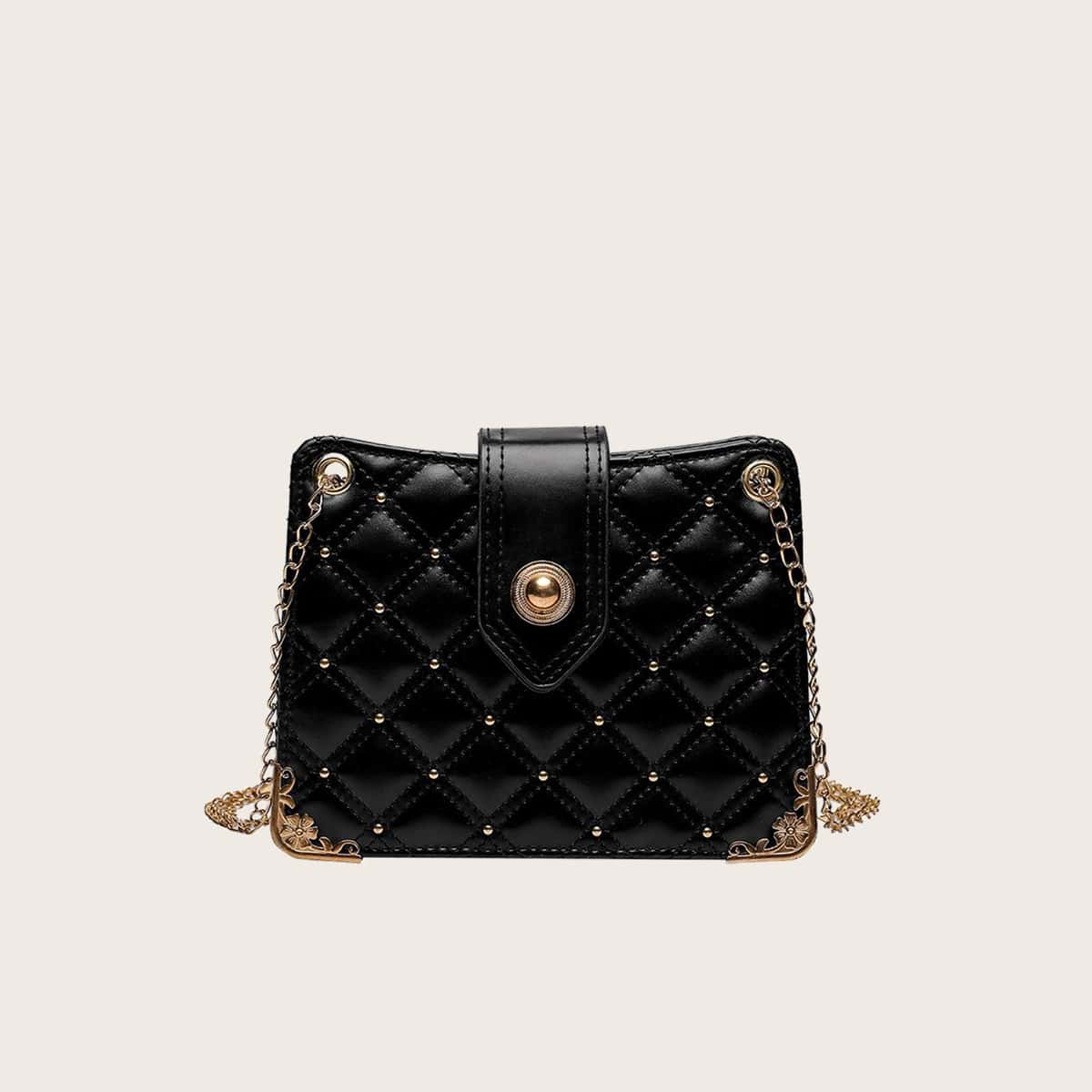 

Studded Quilted Chain Crossbody Bag, Black
