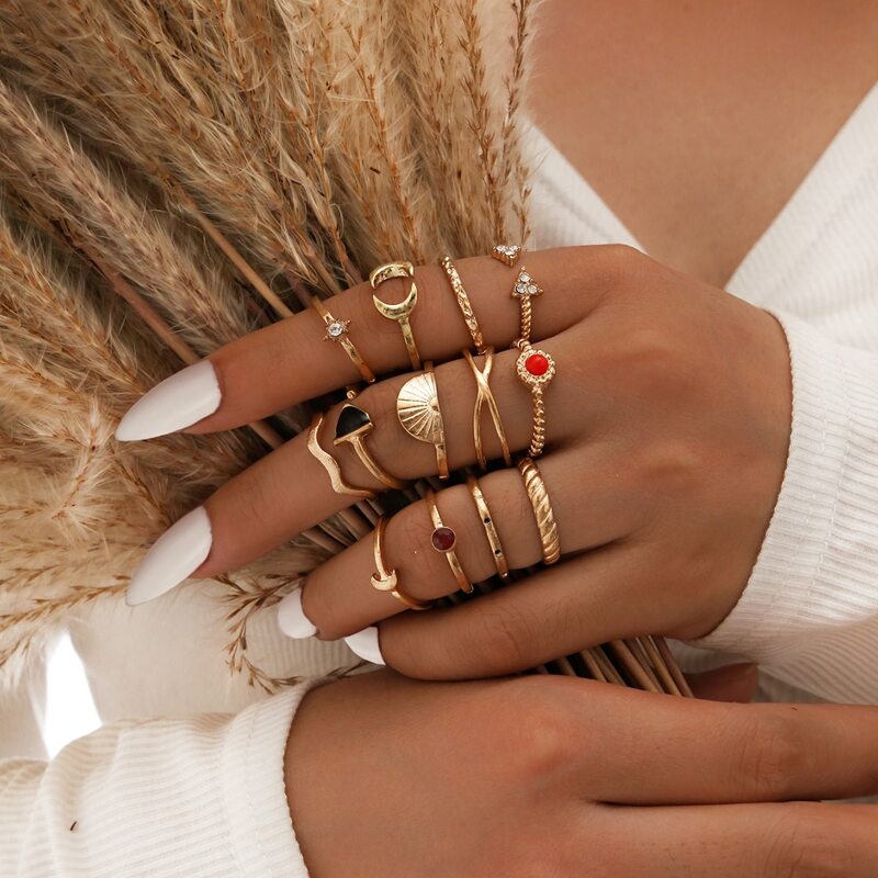 

13pcs Rhinestone Decor Ring, Gold