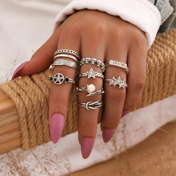 

9pcs Star Design Ring, Antique silver