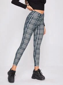 SHEIN Privé 交疊腰格紋緊身褲子 - 藍白色 - 查看 3
