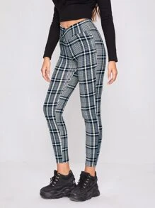 SHEIN Privé 交疊腰格紋緊身褲子 - 藍白色 - 查看 5