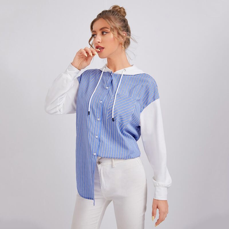 

Single Breasted Pocket Front Striped Hooded Blouse, Blue and white